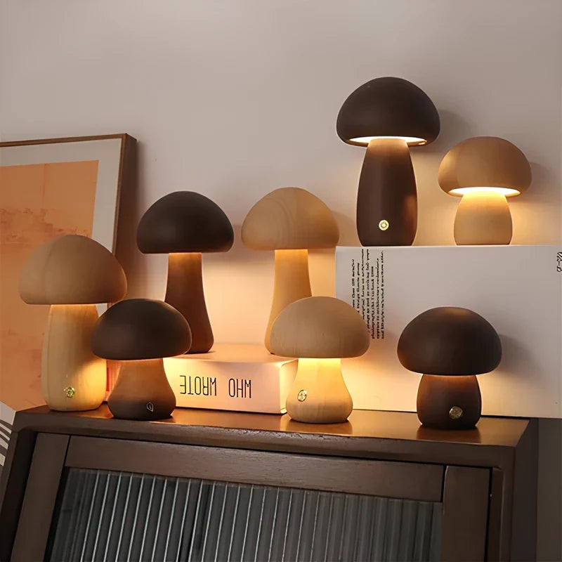 Tischleuchte Holz Pilzform
