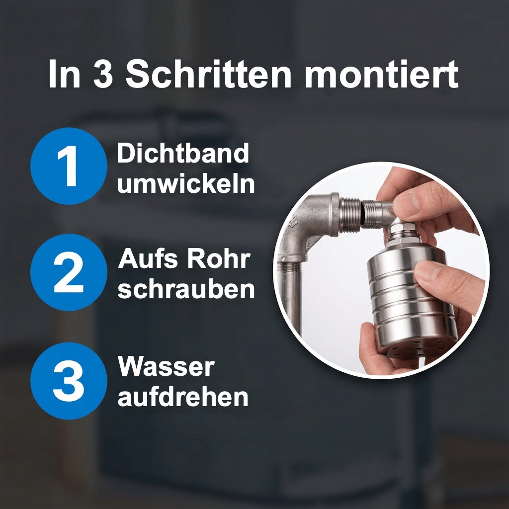 Montage in drei Schritten: Dichtband umwickeln, aufs Rohr schrauben, Wasser aufdrehen
