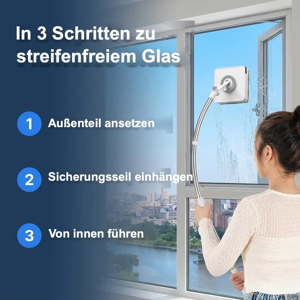 In drei Schritten zu streifenfreiem Glas: Außenteil ansetzen, Sicherungsseil einhängen, von innen führen